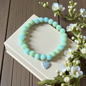 Chic Silver and Mint Green Beaded Bracelet with heart shape charm